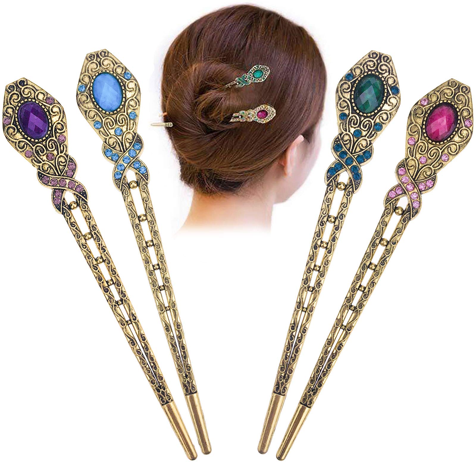 NW 4 Pcs Chinese Vintage Rhinestone Hair Clip Chignon Pin Hair Decor flower Hairpin Metal Hair Stick for Women