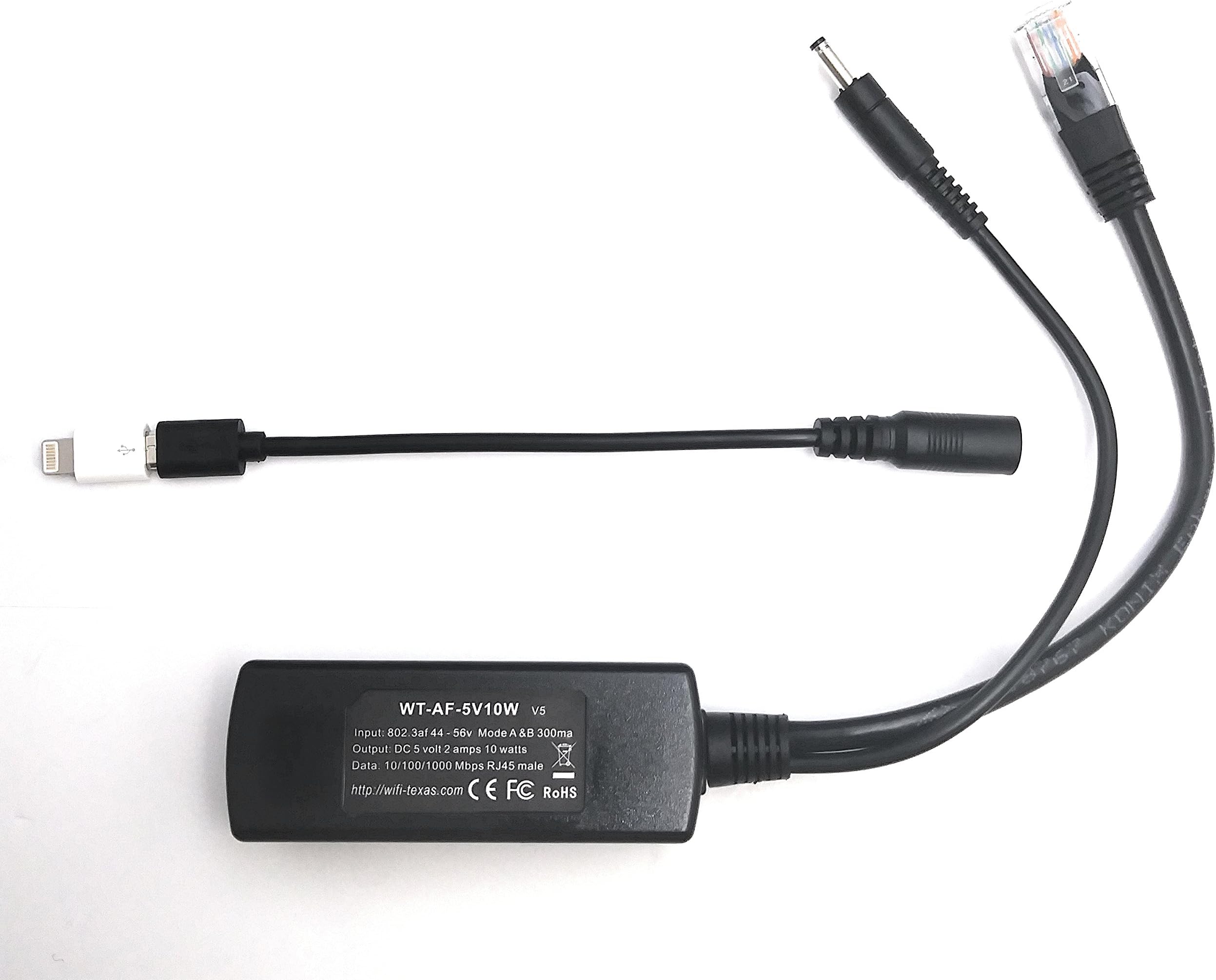 802.3af to MicroUSB Poe Splitter, Power over Ethernet for Tablets, Dropcam or Raspberry Pi, Use with PoE Switches, 5 Volts 10 Watts Output WT-AF-5v10w straight MicroUSB