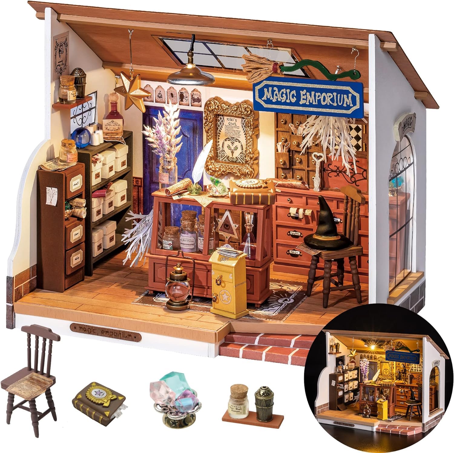 Photo 1 of Rolife DIY Miniature House Kit Magic House, Tiny House Kit for Adult to Build, Mini House Making Kit with Furniture, Halloween/Christmas Decorations/Gifts for Family and Friends(Kiki's Magic Emporium)
