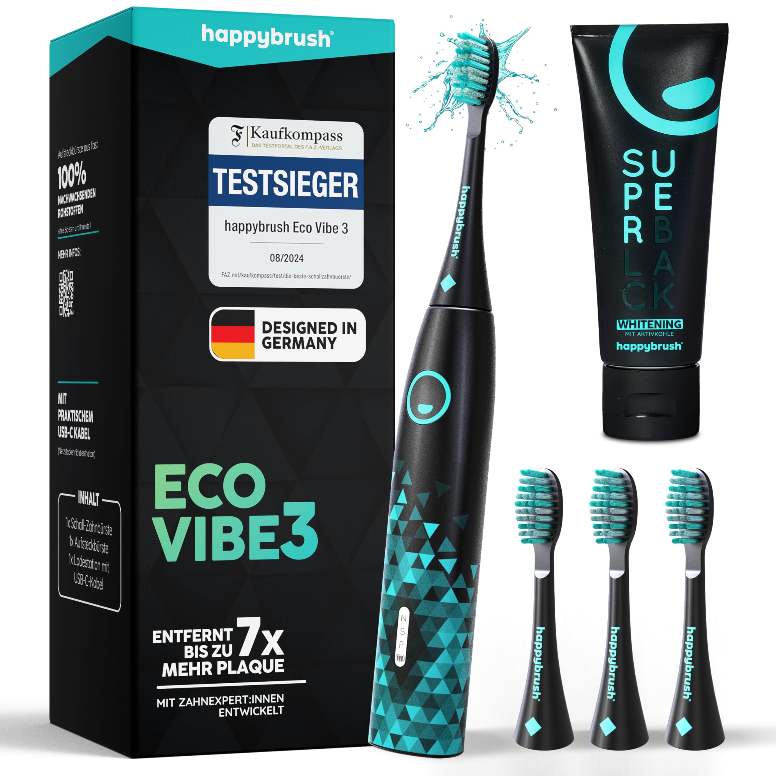 happybrush® Schallzahnbürste Eco Vibe 3 – TESTSIEGER – 100 Tage testen - Elektrische Zahnbürste mit 8 Wochen Akku – Ultraschall Zahnbürsten – 2 Jahre Garantie - Inkl. Aufsteckbürsten - Black/Mint