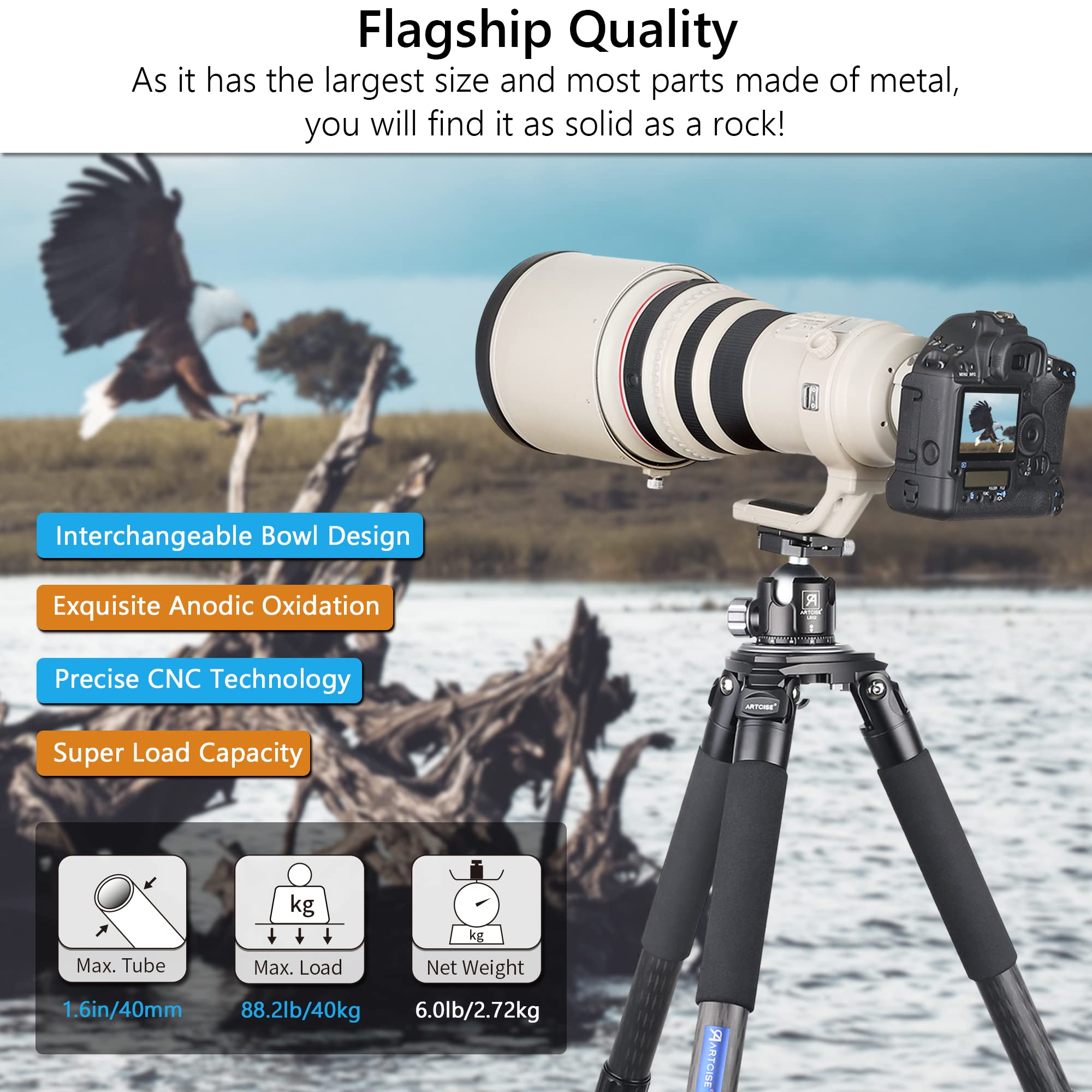 Carbon Fiber Tripod Heavy Duty Bowl Tripod ARTCISE AS90C Ultra Stable Carbon Stand with 75mm Bowl and Adapter 10 Layers Carbon Fiber 40mm Leg Tube Max Load 88 Lbs/40kg