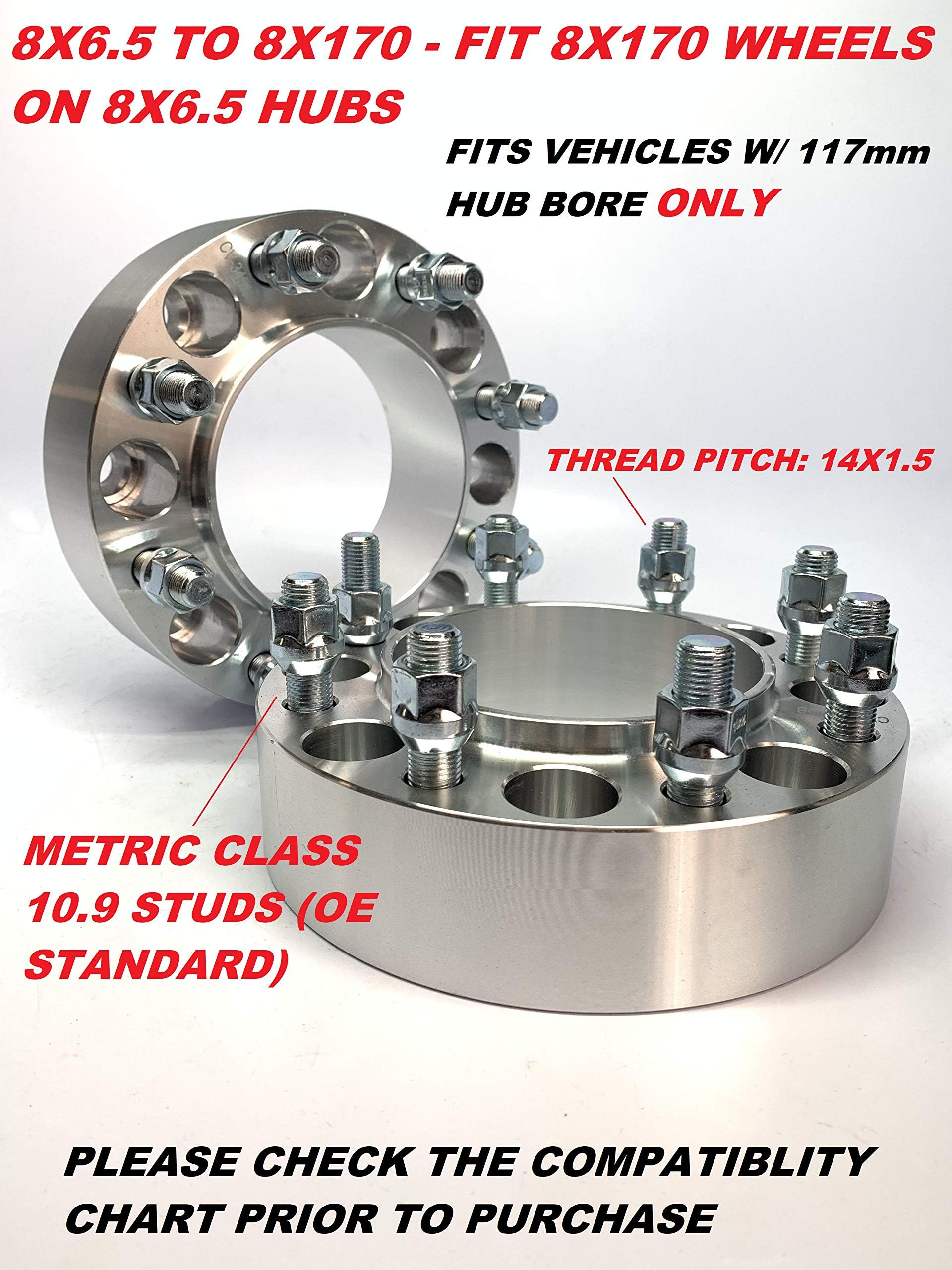 Customadeonly8x6.5 to 8x170 Forged Wheel Adapters 2 Inch Hub Centric – Compatible for GMC, Chevy with 8x165.1 Hub, 117mm Bore to Use 8x170 Wheels – 2 Pieces M14x1.5 – Not for Dually