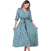 Allegra K Women's Boho Floral Maxi Dress Half Puff Sleeve V Neck Smocked Waist Summer Beach Flowy Dresses