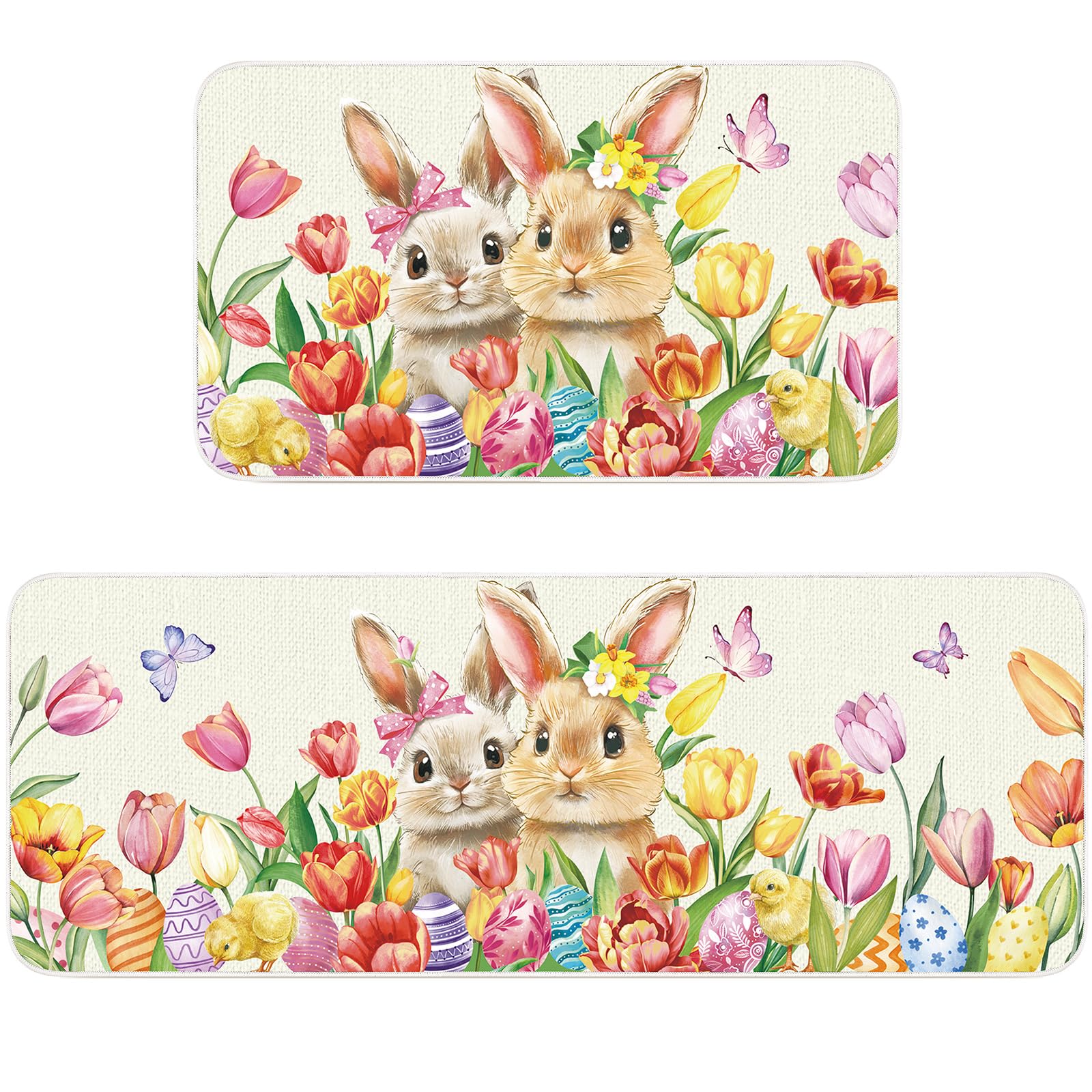 Tinideya Easter Bunny Kitchen Rugs and Mats Set of 2 Rabbit Egg Non Slip Floor Kitchen Mats Spring Colorful Home Decor Welcome Doormat for Spring Easter Home Decorations, 17x29 and 17x47 Inch