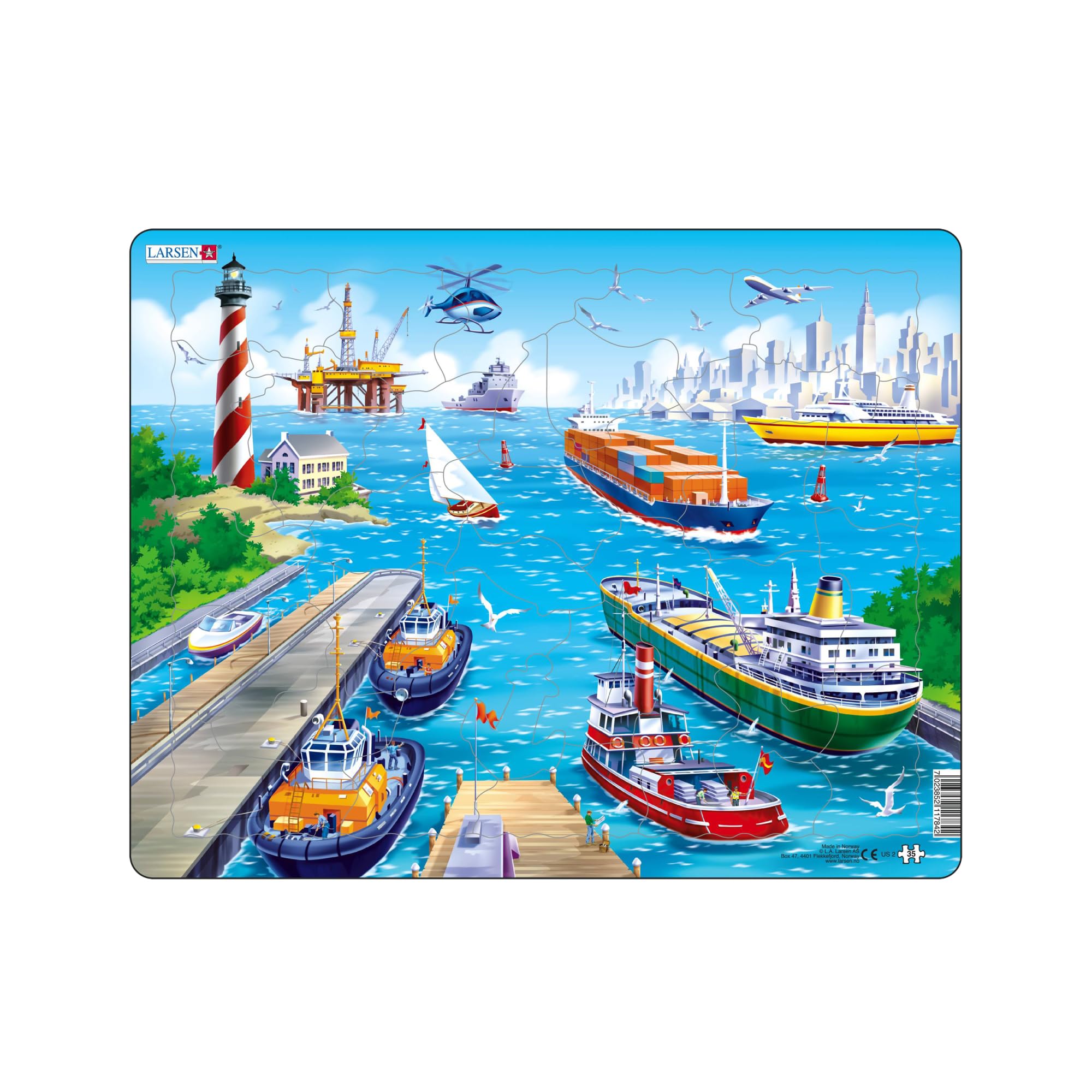 Larsen US2 Ships in a Busy Harbour Jigsaw for Kids 4-8 | 35 Pieces | Educational Maritime Puzzle | Boxless Tray & Frame | Fun Learning Toy