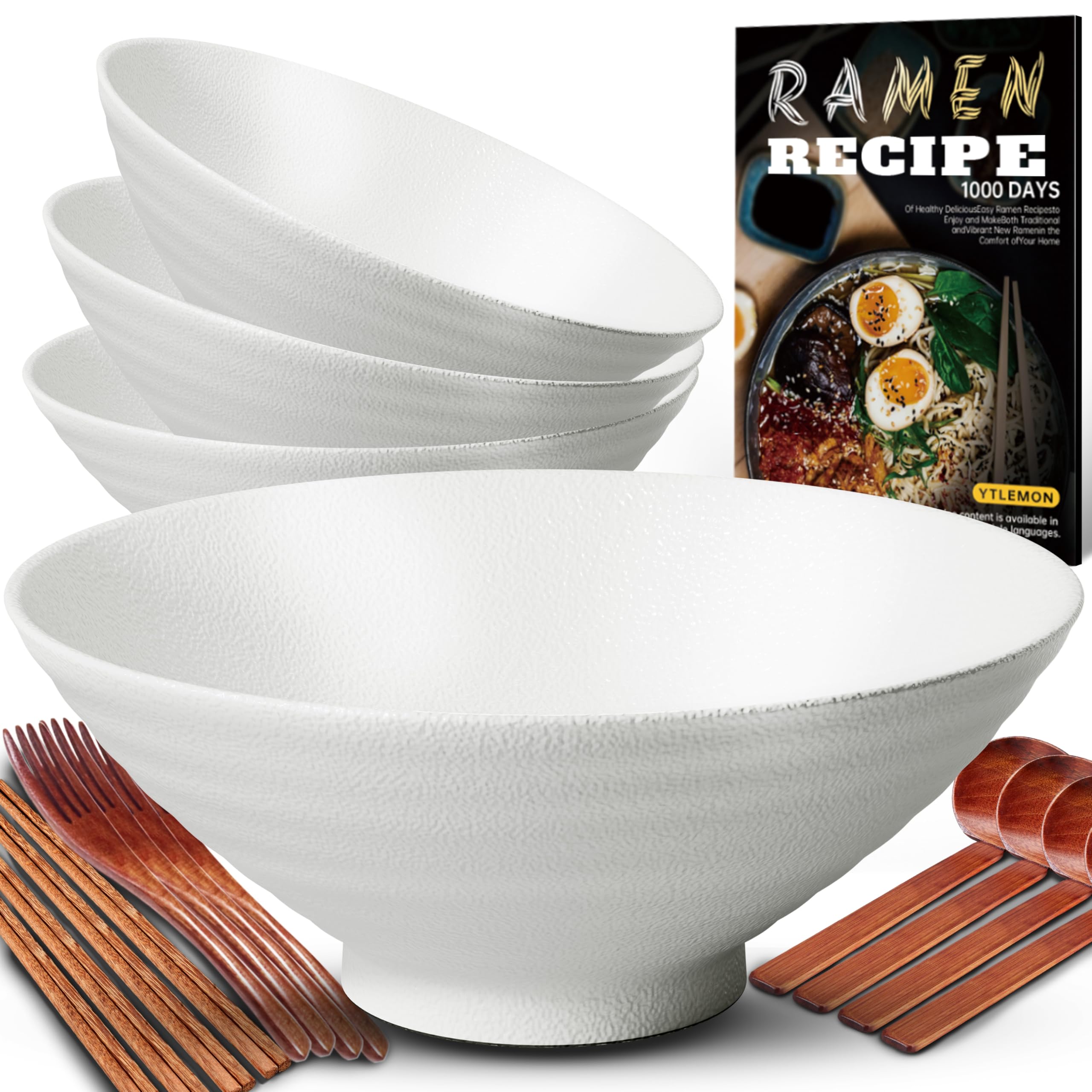 8-Inch Ceramic Ramen Bowl Set of 4 (17 Piece) - Porcelain Japanese Salad Noodles Cereal Fruit Pasta Soup Large Bowls with Recipes Chopsticks Forks Spoons for Men Women Gift Microwave Dishwasher Safe Image