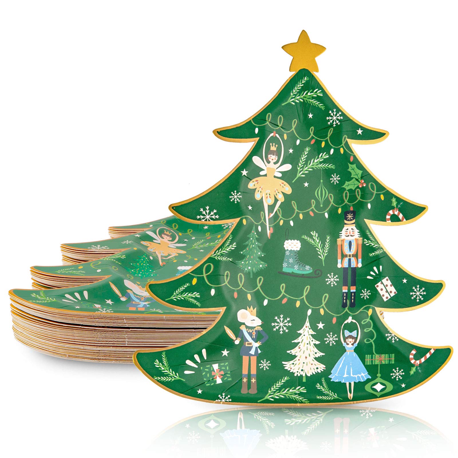 Whaline Christmas Tableware Decorations 40 Pcs Paper Plates Xmas Tree Shape Party Plates Gold Foil Nutcracker Theme Dinner Tableware Disposable Holiday Party Supplies for Christmas Home Decoration