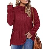 Amrto Plus Size Sweaters for Women 2025 Winter Cowl Neck Tunic Sweaters Buttoned Holiday Vacation Tops with Pockets