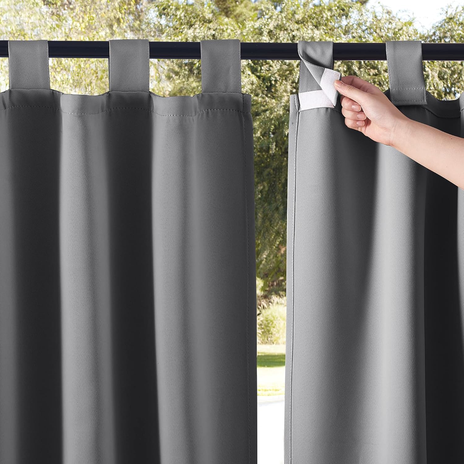 Outdoor Curtains - NICETOWN 2 Panels Patio Curtain Outdoor Waterproof 84 Long, Detachable Sticky Tab Top Heavy Weight Blackout Sunblock Window Treatment, Keep Privacy for Gazebo/Dock, W52 x L84, Grey