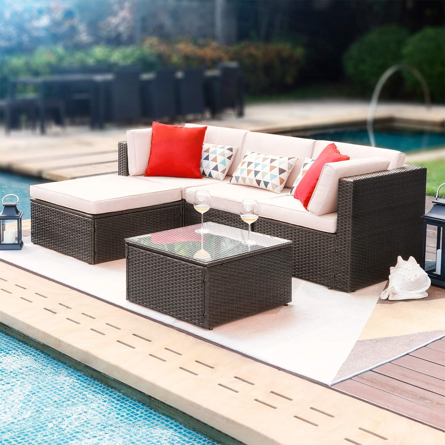 Devoko 5 Pieces Patio Furniture Sets All-Weather Outdoor Sectional Sofa Manual Weaving Wicker Rattan Patio Conversation Set with Cushion and Glass Table (Beige): Garden & Outdoor