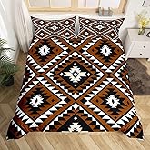 Rustic Western Queen Size Bedding Set For Men,Southwestern Aztec Comforter Cover Bohemian Duvet Cover Ethnic Mexican Style Geometric Diamond Quilt Cover Brown Black White Farmhouse Room Decor 3 Pcs