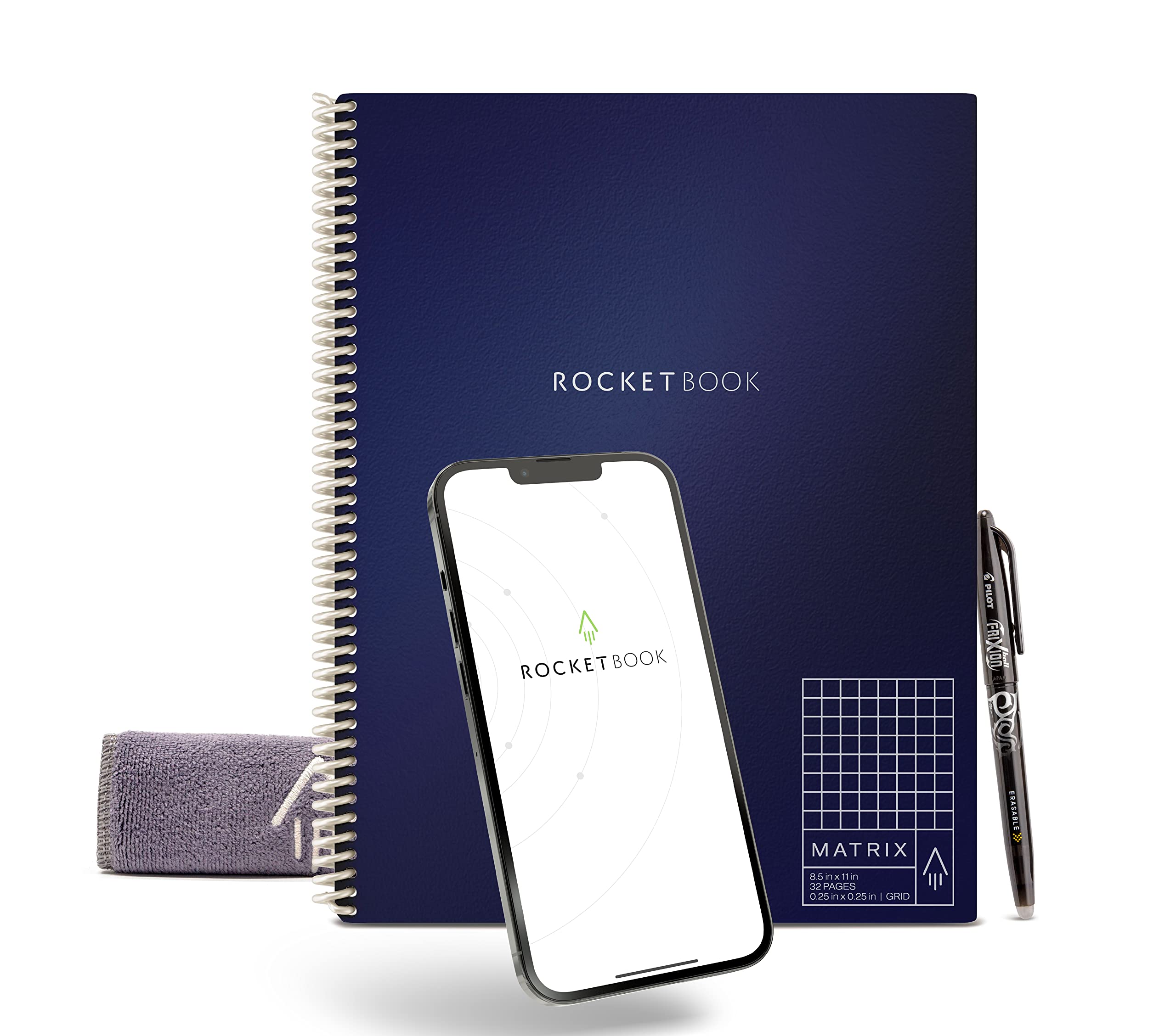 Rocketbook Matrix Graph Paper Pad Notebook - A4 Reusable Notebook with 1 Pilot Frixion Pen & 1 Microfiber Cloth Included - Dark Blue, Letter Size
