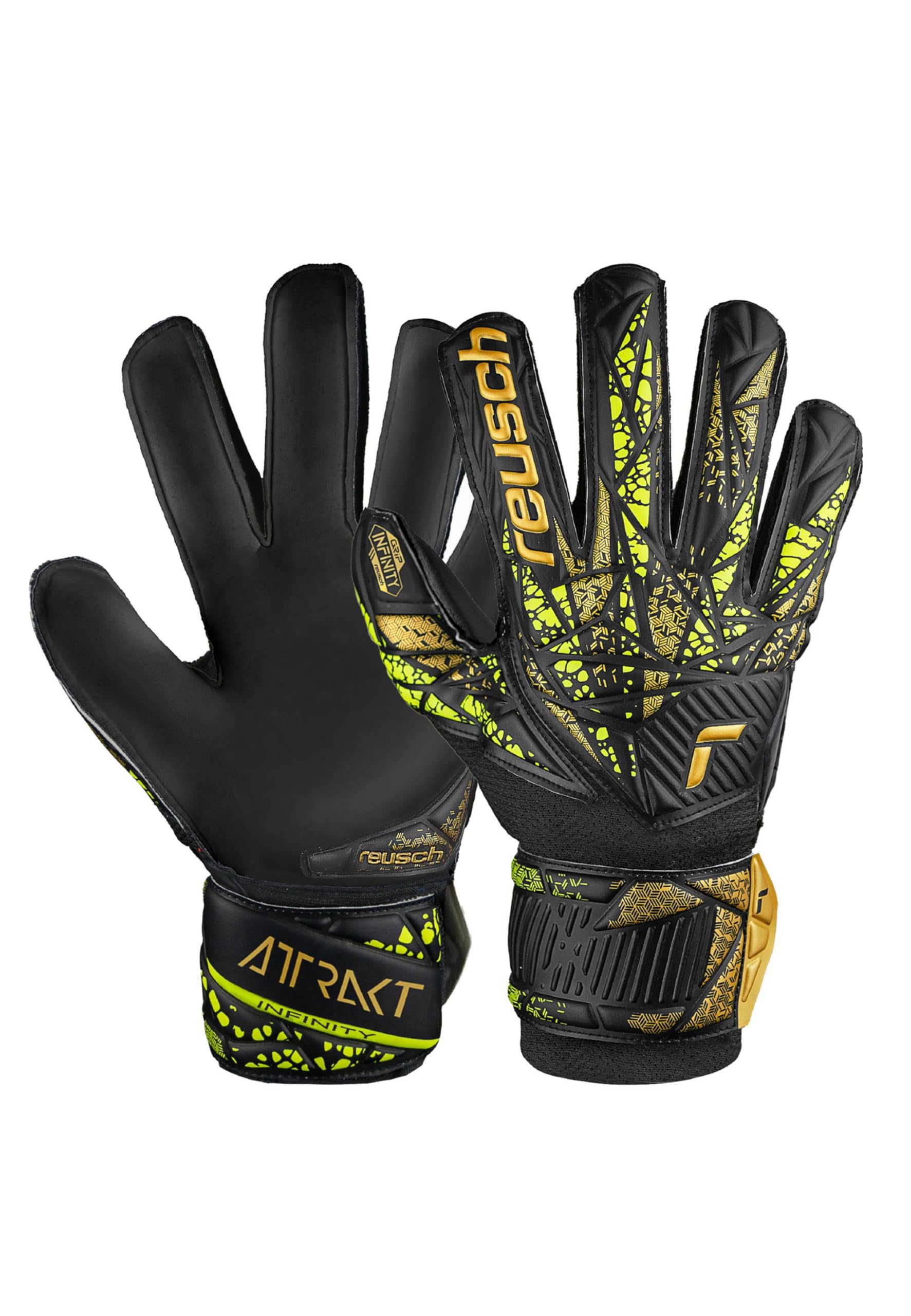 Reusch Attrakt Infinity Finger Support Junior Goalkeeper Gloves for Children, Ideal for Artificial Grass, Black/Gold/Yellow, 8