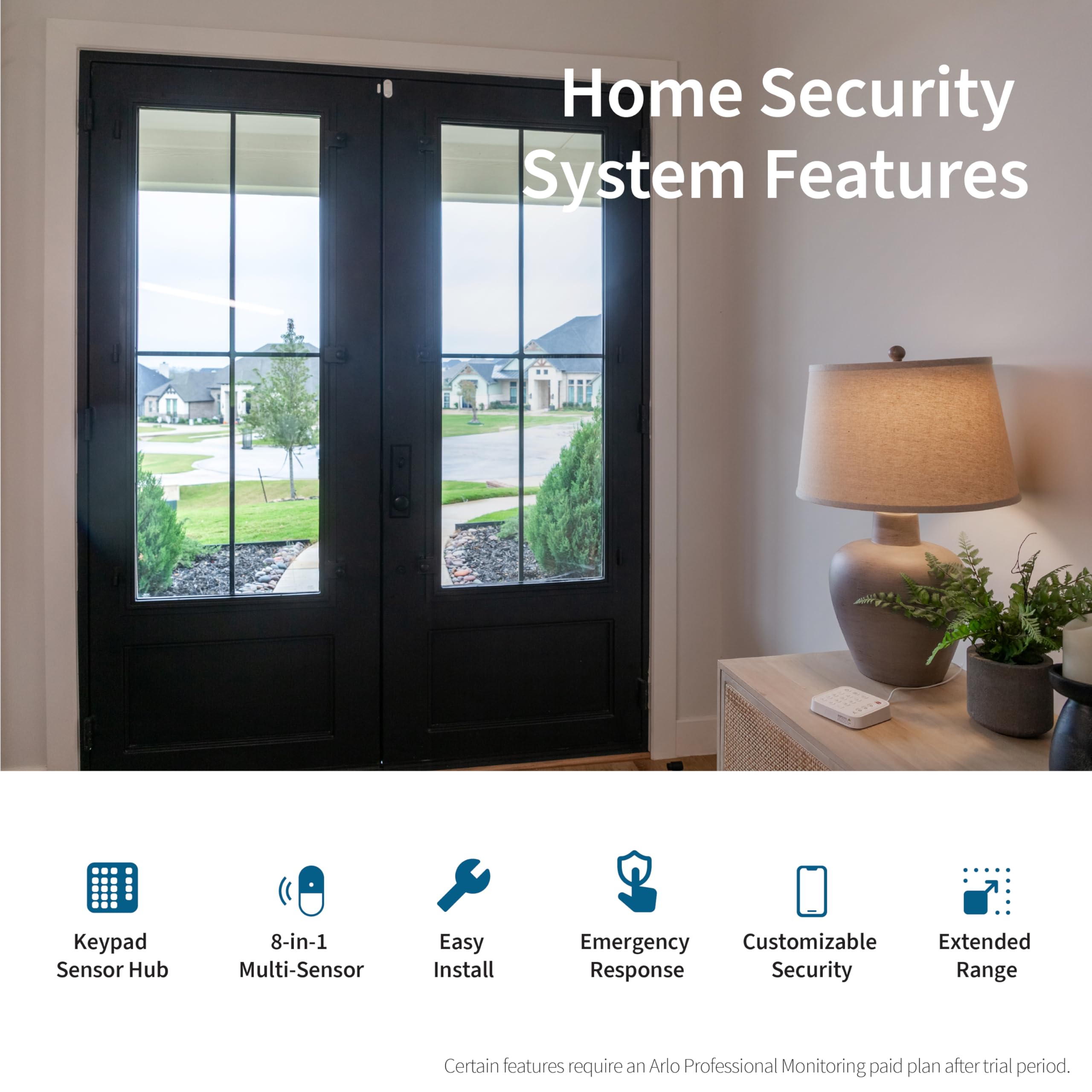 Arlo Home Security System - Wired Keypad Sensor Hub, (2) 8-in-1 Sensors, 24/7 Professional Monitoring- No Contract Required, DIY Installation, Alarm System for Home Security – SS1201, White