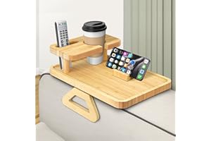 ANSTEEP Bamboo Couch Arm Tray Table, Double Layer Sofa Clip on Tray Table with Cup Holder and Phone Holder, Sofa Armrest Tray for Eating Drinks Snacks