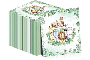 Yeaqee 100 Pcs Safari Baby Shower Napkins Jungle Animal Sage Green Paper Napkins 3 Ply Greenery Jungle Baby Shower Disposable Napkin for Animal Theme Birthday Party Supplies
