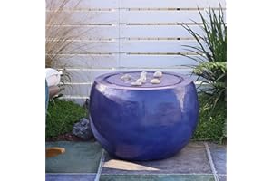 Tankana Large Fountain Indoor Round Water Feature Waterfall with Light & Pump and Pebbles for Home Decor Office Patio Interior Design, Ceramic-Like Elegance in Blue, 24.8 "L X 24.8" W X 17.3" H