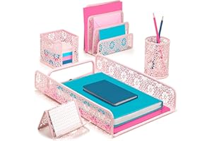 Hudstill 5 Piece Pink Desk Organizer Set - Ideal for Office Supplies and Accessories, Floral Design for Chic Desk Organizatio