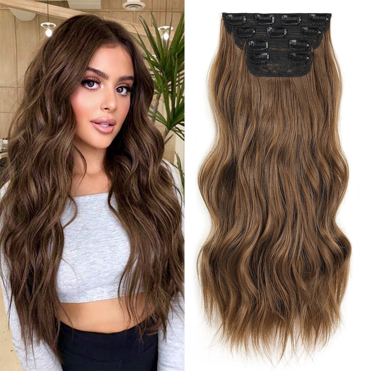 Mscat 16 Inch Brown Wavy Clip-in Hair Extensions - Dark Brown Synthetic Hair Pieces, 4PCS Full Head Set, Thick Curly — image 1