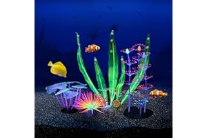Filhome Glowing Fish Tank Decorations Plants, 4 pcs Aquarium Ornaments - Purple Coral, Rainbow Sea Urchin Ball/Small, Green Kelp, Pink Feather Coral