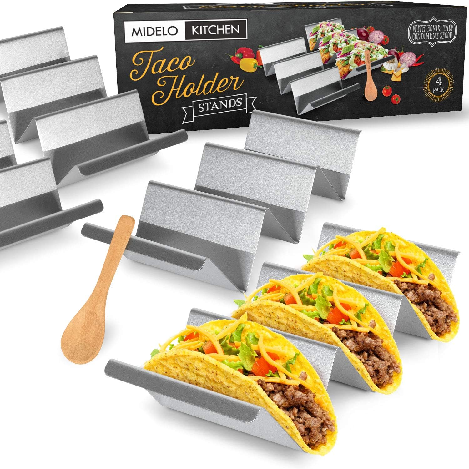 Taco Holders Set Of 4 - Stainless Steel Taco Stand Tray, Metal Taco Rack with Handles - Oven, Grill, Dishwasher & Air Fryer Safe