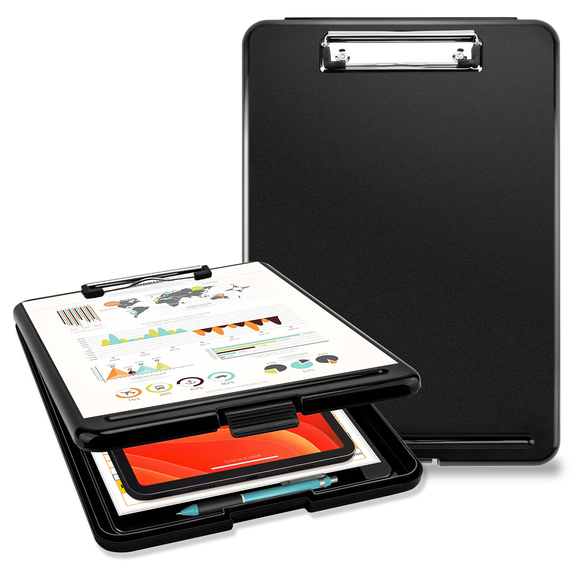 Pechor Clipboard A4, Clip Board Plastic with Storage, Nursing Clipboards Folder with Compartment Organizer, Writing Clip Boards Waterproof for Home School Office, Black