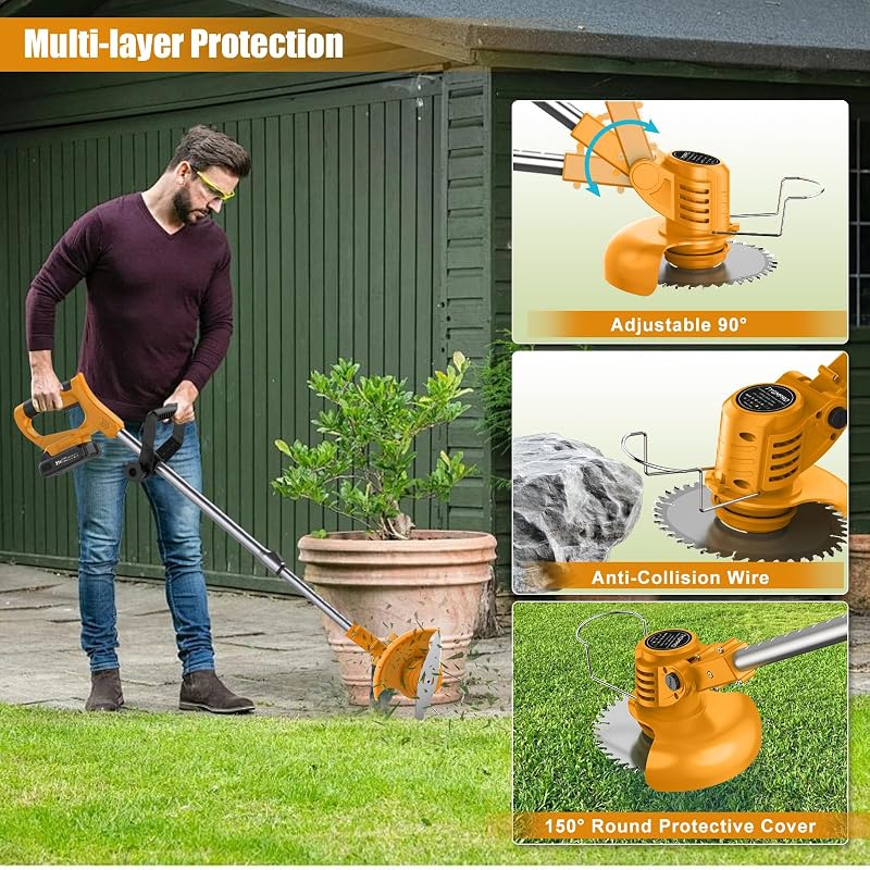 Débroussailleuse Electrique sans Fil 21V, Coupe Bordure sans Fil avec Batterie 2.0 Ah*2 et 2 Types de Lames, Poignée Réglable, Debrouissalleuses Batterie pour la Coupe de Jardin, Pelouses