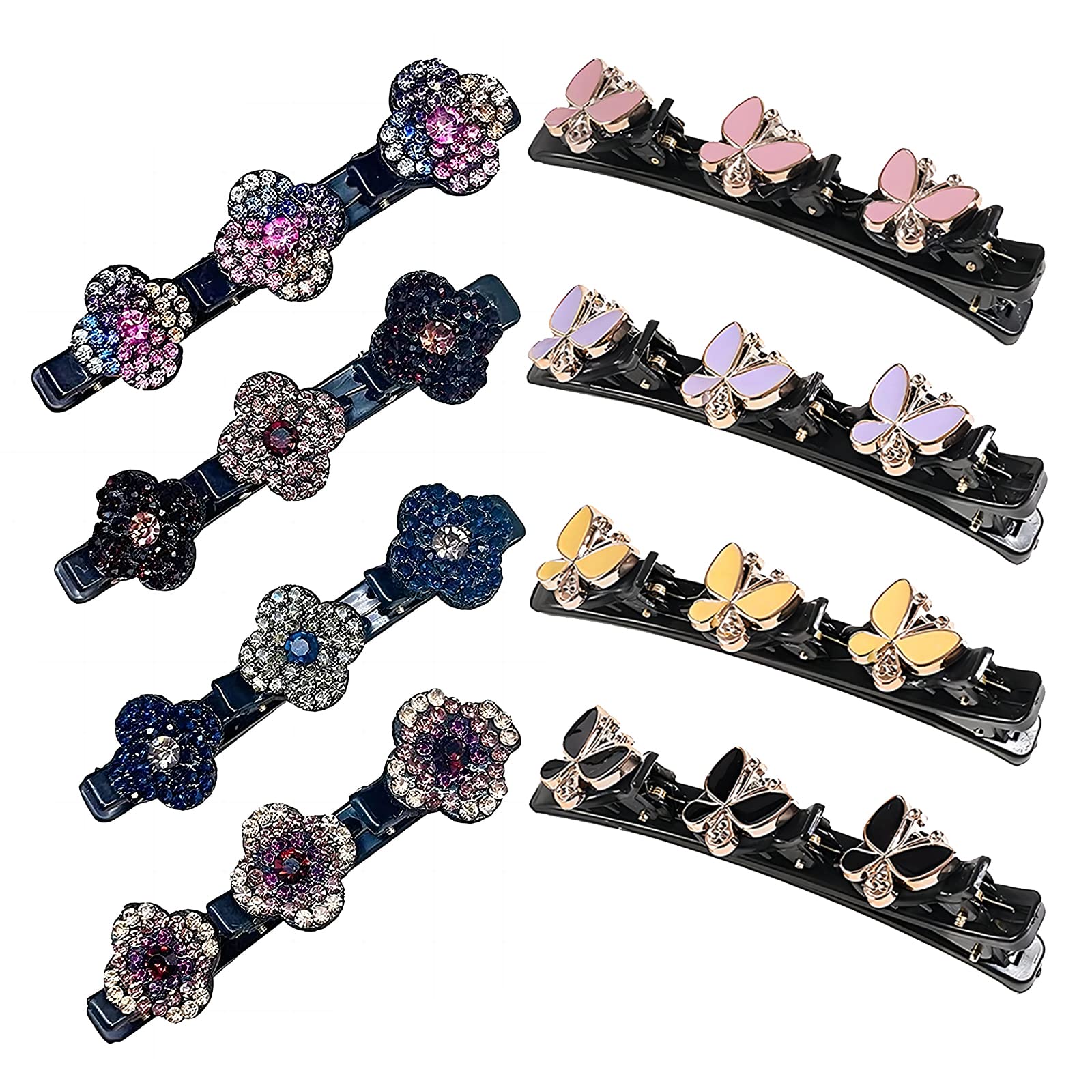 PAITOK Three Flower Side Hair Clips for Girls Women,8PCS Rhinestone Braided Hair Barrettes Sectioning Hair Clips Hair Styling Accessories