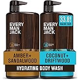Every Man Jack Coconut + Driftwood & Amber + Sandalwood Mens Body Wash for All Skin Types - Cleanse, Hydrate, and Smell Great - Free of Parabens, Phtalates, and Dyes - 33.8 fl oz (2 Pack)