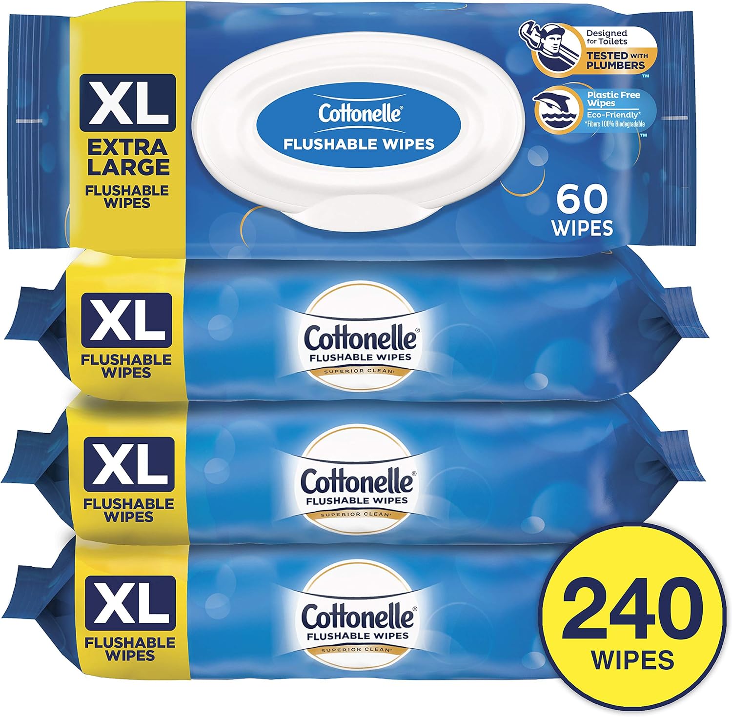 Cottonelle FreshCare Flushable Wipes for Adults, Extra Large, Alcohol Free, 4 Flip-Top Packs of 60 Wet Wipes (240 Wipes Total)