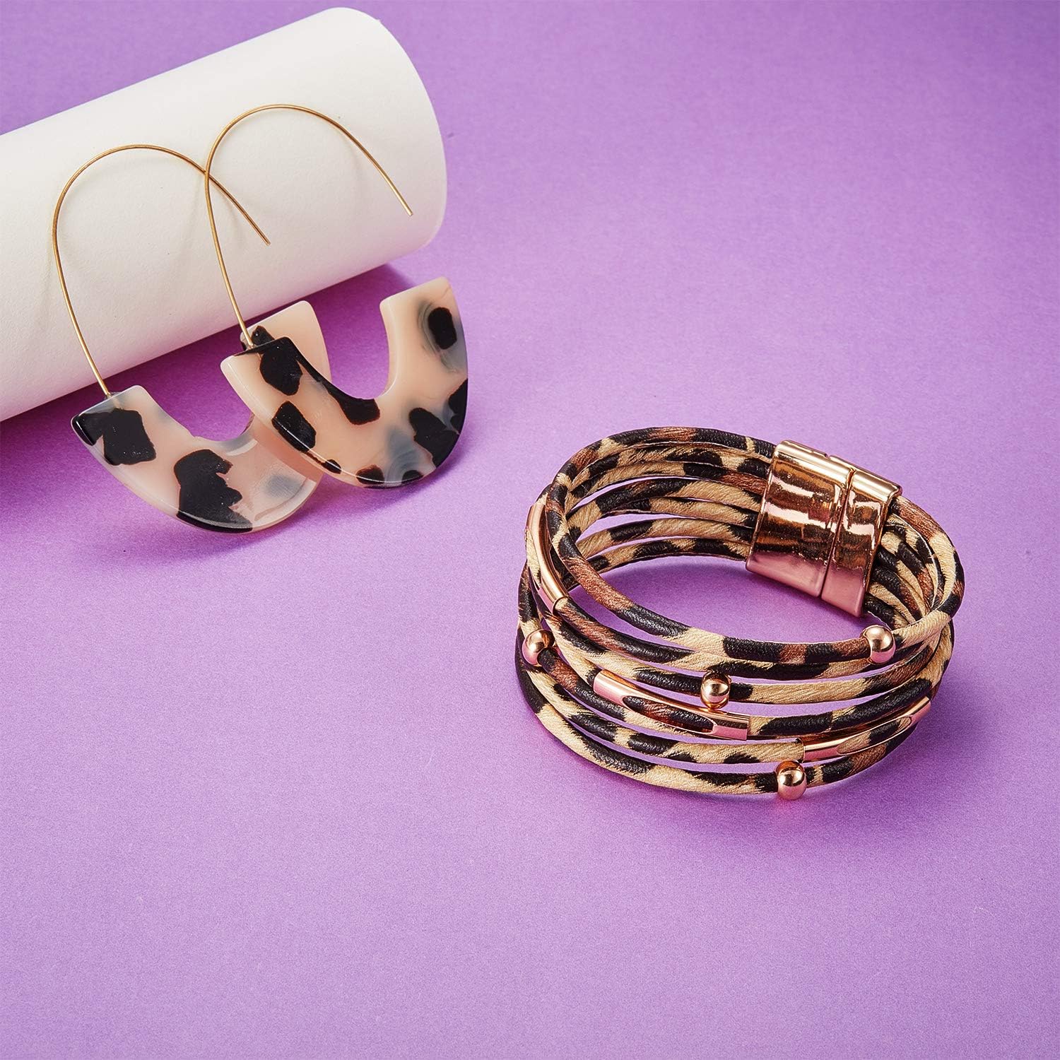 Hicarer Leopard Bracelets Leopard Tube Bracelet Multilayer Leather Cuff Bracelet and Boho Leopard Earrings for Women Girls (Beige): Jewelry
