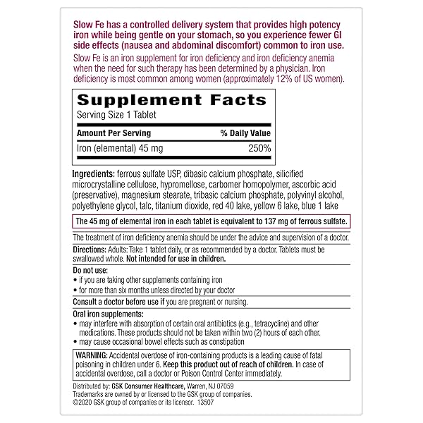 SLOW FE 45MG IRON SUPPLEMENT FOR IRON DEFICIENCY, SLOW RELEASE, HIGH POTENCY, EASY TO SWALLOW TABLETS – 60 COUNT