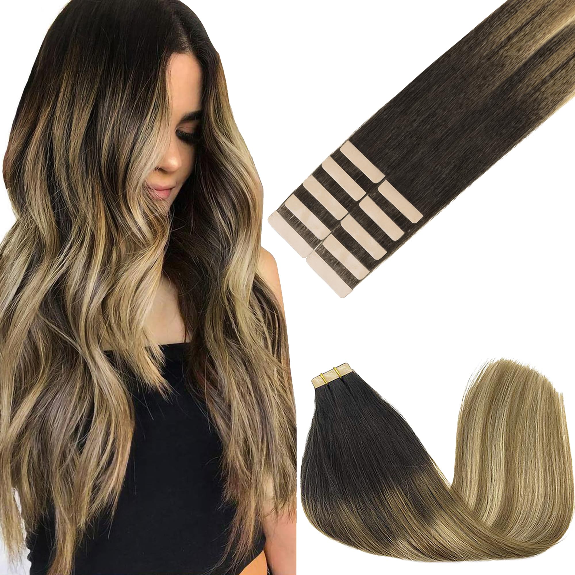 GOO GOO Tape in Hair Extensions human hair, tape Hair Extensions, 20inch 30g 10pcs, Human Hair Extensions, 2/6/18 Dark Brown Ombre