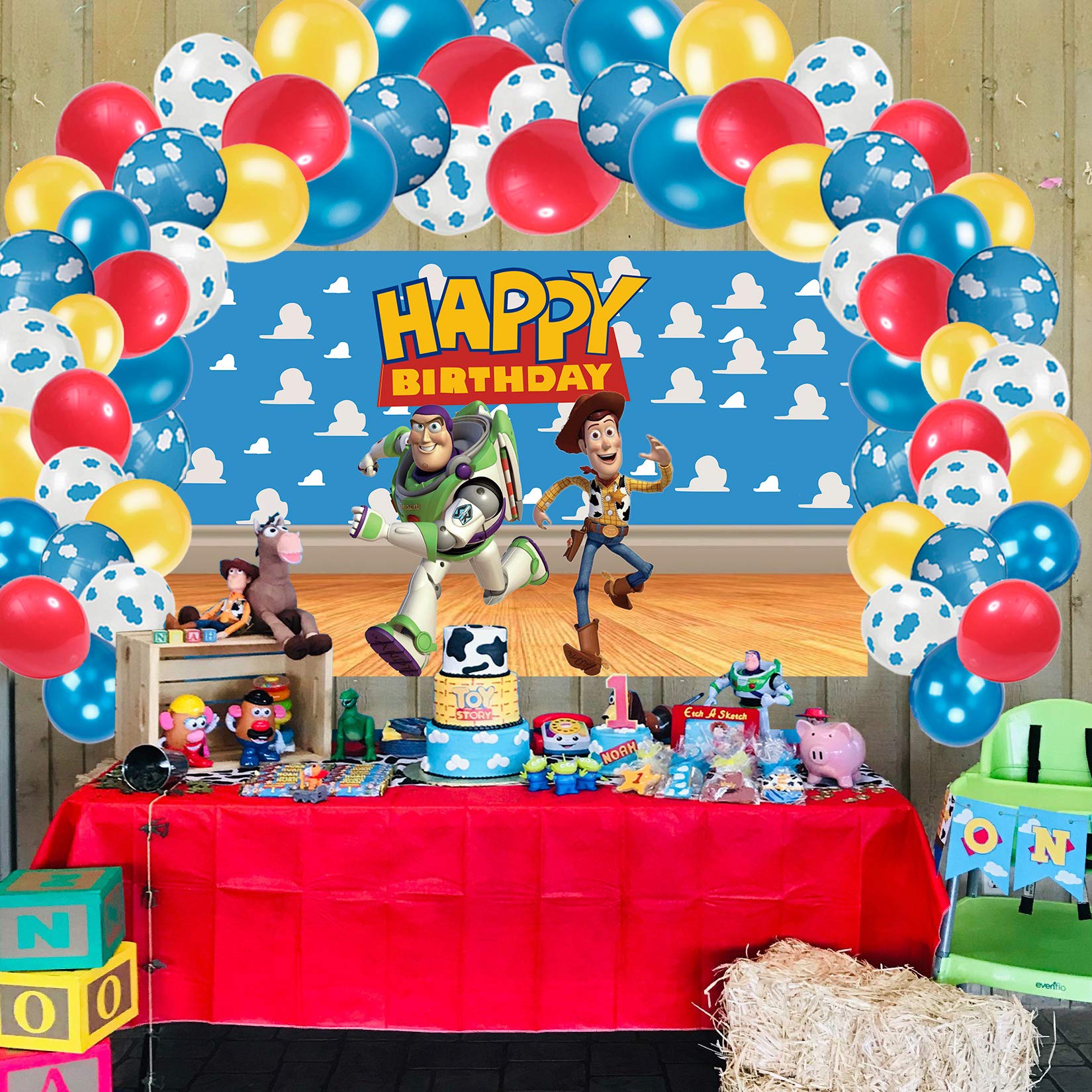 Toy Happy Birthday Party Supplies Decorations, Backdrop 3 x 5 Ft Blue Sky White Clouds Banner Balloons Garland Photography Background Photo Booth for Baby Shower, Game Gifts for Kids Boys Girls