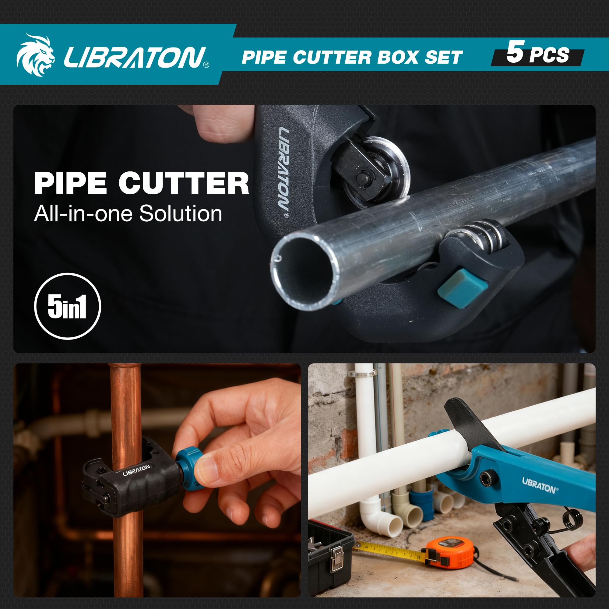 LIBRATON Rohrschneider 3-50MM, Hochleistungs-rohrschneider Edelstahl, PEX-Rohrschneider, Entgrater und Rohrreibahle, 5tlg Rohrabschneider Set für Kupfer, Aluminium, PEX, PVC, mit Aufbewahrungsbox 5