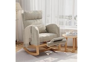 GarveeHome Linen Rocking Chair with Footrest, Modern Nursery Glider Chair with Side Pockets and Pillow, Rocker Chair for Livi