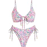ZAFUL Women's Triangle Bikini Set O Ring Tie String Two Piece Swimsuit Smocked High Cut Bathing Suit