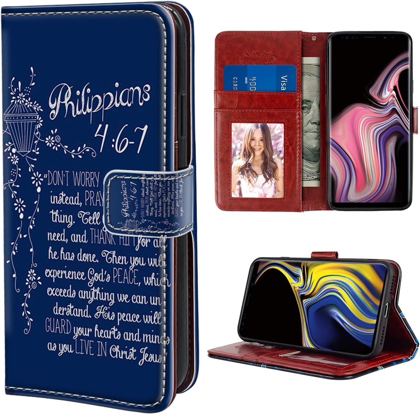 YaoLang Samsung Galaxy Note 9 Wallet Case, Bible Verses Blue PU Leather Standable Wallet Phone Case with Card Holder Magnetic Hold for Samsung Galaxy Note 9