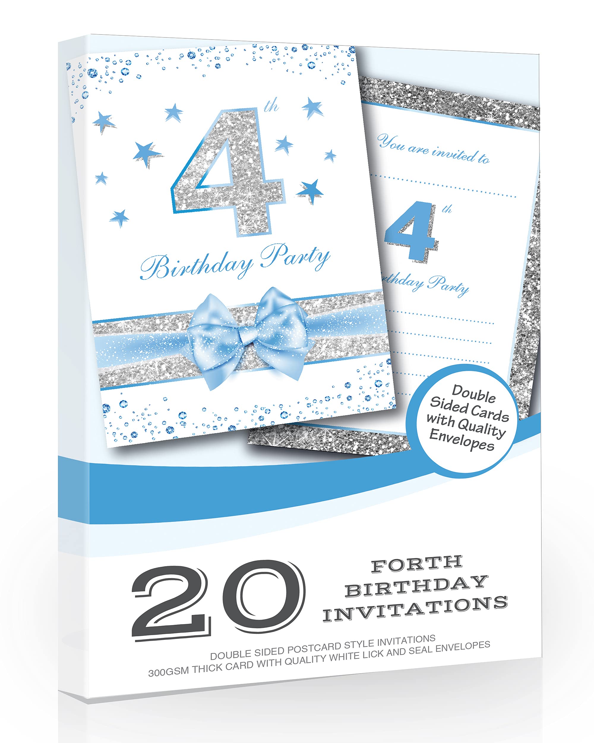 Olivia Samuel 20 x 4th Birthday Party Invitations from Baby Boy Blue Sparkly Design and Photo Effect Silver Glitter - A6 Postcard Size with envelopes