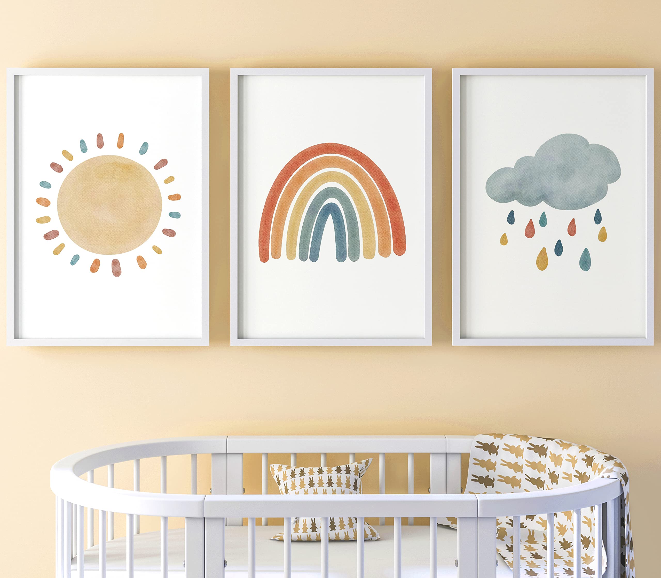 Boho Sunshine Rainbow Rain Cloud Set of 3 Unframed Poster Prints, Girl Boy Neutral Nursery Bedroom Decor Wall Art, Playroom Poster, Boho Rainbow Sun Cloud Rain (A3) — image 1