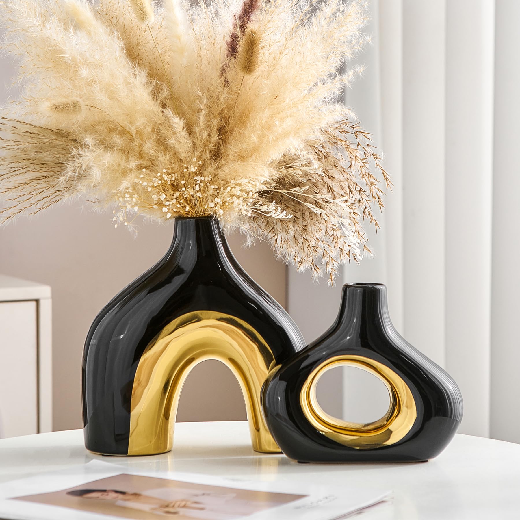 Photo 1 of Ceramic Vase Set of 2 Black and Gold Vase for Pampas Grass, Modern Donut Vase for Gold Decor, Round Vases Centerpieces for Wedding, Bedroom, Living Room, Coffee Table, Entryway, Office