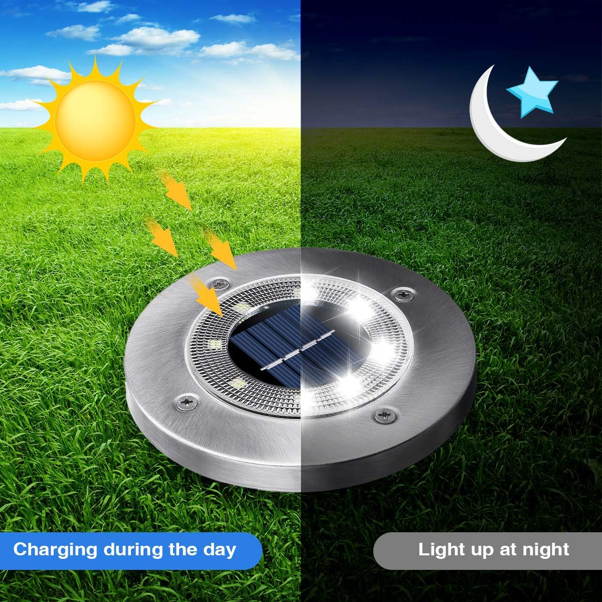 Solar Ground Lights, Elfeland 8 LED White Light Outdoor Solar Disk