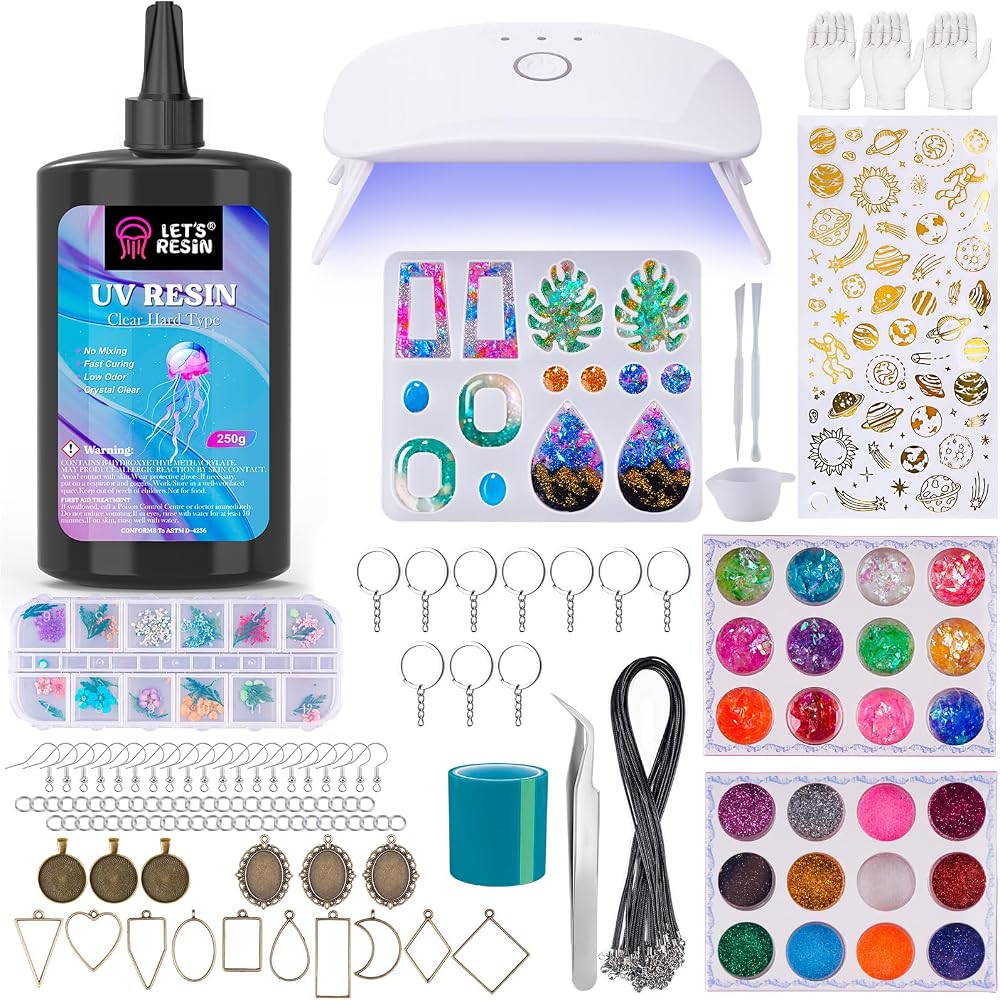 LETS RESIN UV Resin Kit with Lamp 153Pcs Jewelry Making Kit 250g Crystal Clear