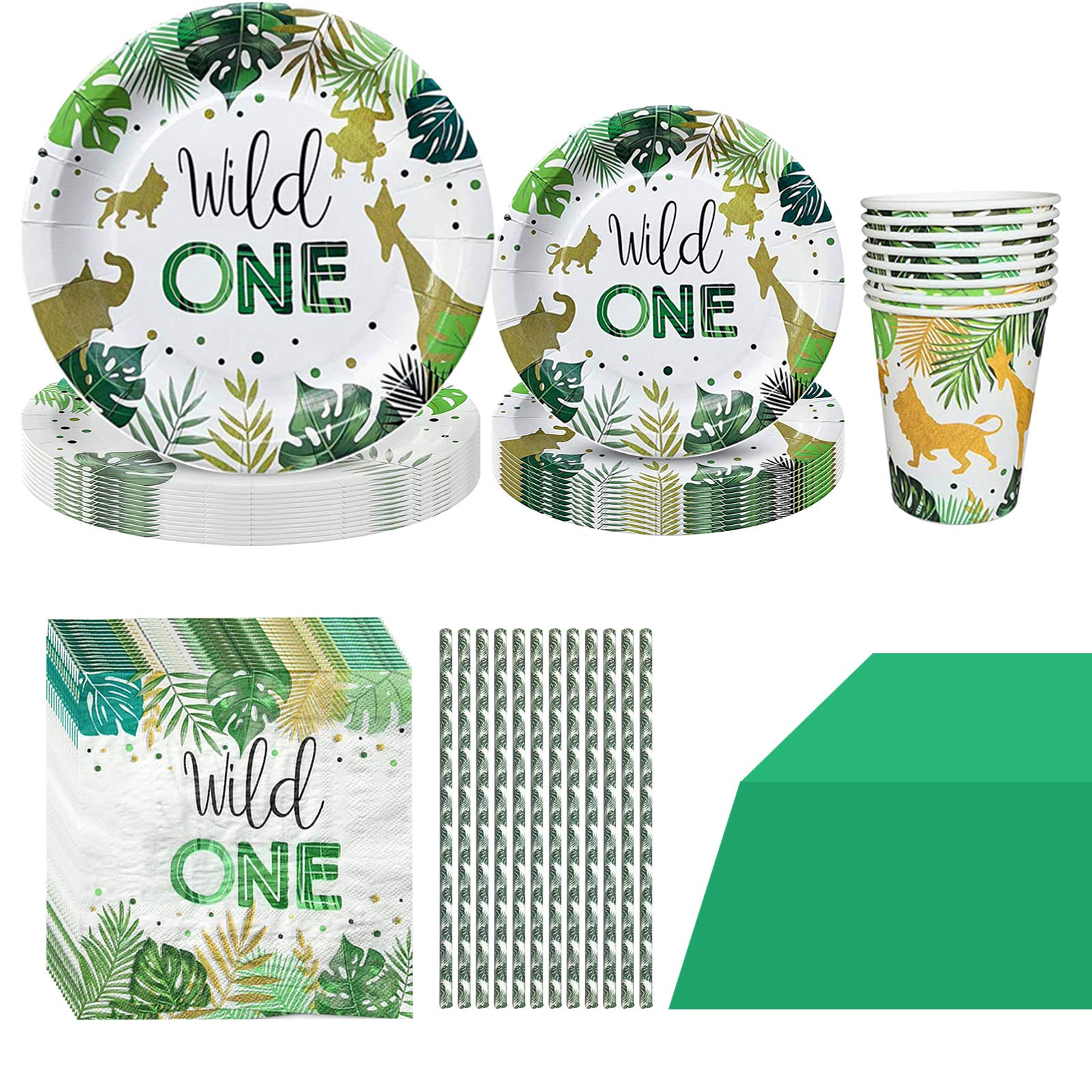 Hongfago 61 Pcs Wild One Birthday Party Supplies Set, Birthday Party Tableware with Paper Plates Cups Napkins Tablecloth for Wild One Boy Girl Kids 1st Birthday Decorations
