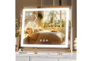 Hasipu Vanity Mirror with Lights, 13.8" x 10.6" LED Makeup Mirror, Light up Mirror with 10X Magnification, Smart Touch 3 Colors Dimmable, 360° Rotation (White)
