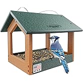 DutchCrafters Amish USA Made Recycled Plastic Large Hanging Modern Fly Through Covered Roof Open Platform Tray Bird Feeder for Outdoors, Garden, Yard (Turf Green & Bright Cedar)