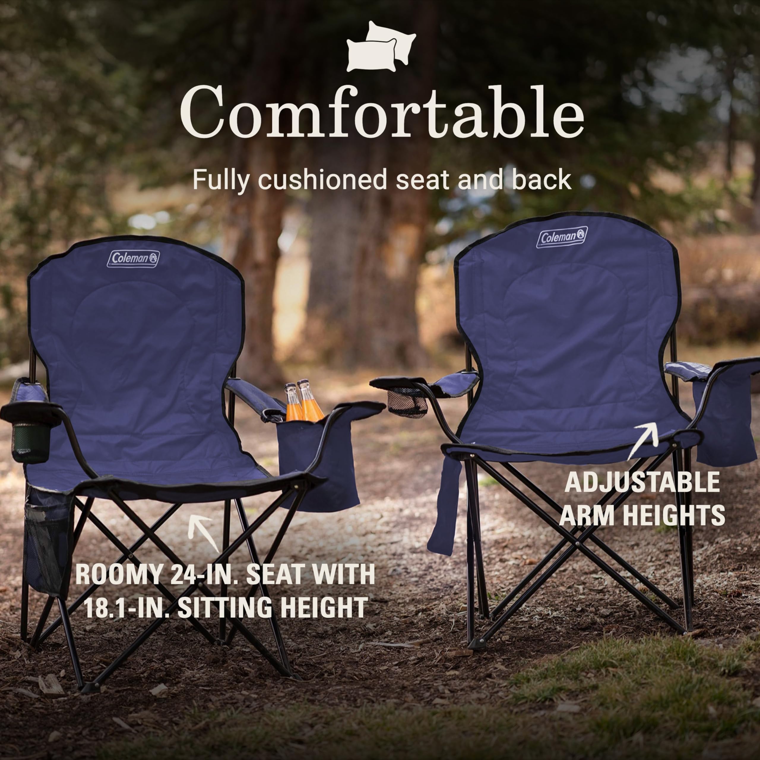 Coleman Portable Camping Chair with 4-Can Cooler, Cushioned Seat & Back with Side Pockets & Cup Holder, Carry Bag Included, Great for Camping, Tailgating, Firepits, Patio, & More