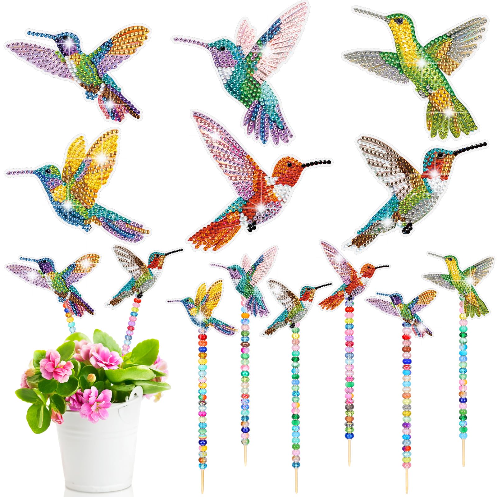 Photo 1 of Colingmill 6 Sets Hummingbird Diamond Painting Art Garden Stakes with Colorful Beads, Hummingbird DIY Garden Stakes Crafts Diamond Art Kits for Adults Christmas Spring Bonsai Pot Plant Garden Decor