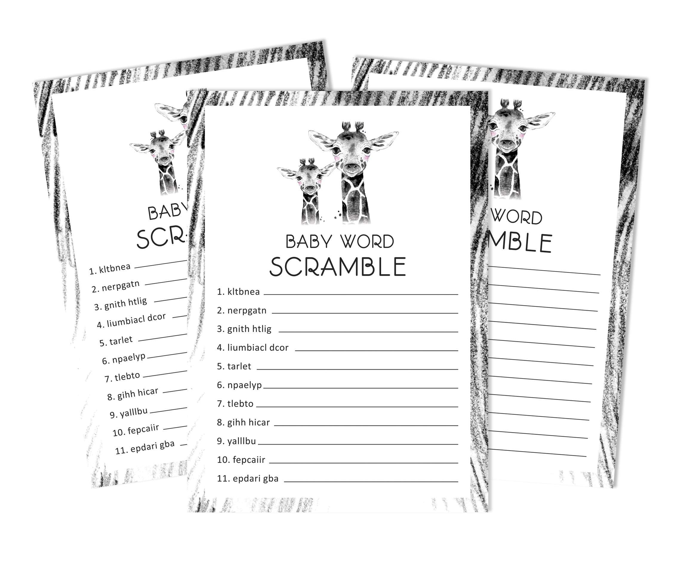 Inkdotpot 50 Pack Baby Word Scramble Baby Shower Game Cards Giraffe Jungle Animals Party Supplies Fun Baby Shower Game Favors