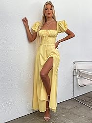 Women's Summer Puff Sleeve Floral Split Maxi Dress